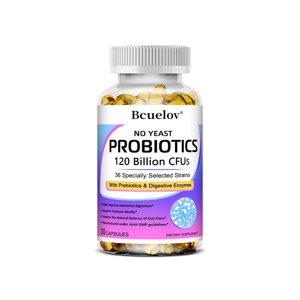 Bcuelov Premium Probiotics with Prebiotics & Digestive Enzymes capsules bottle for probiotic support, digestion support, and maintaining digestive wellness.