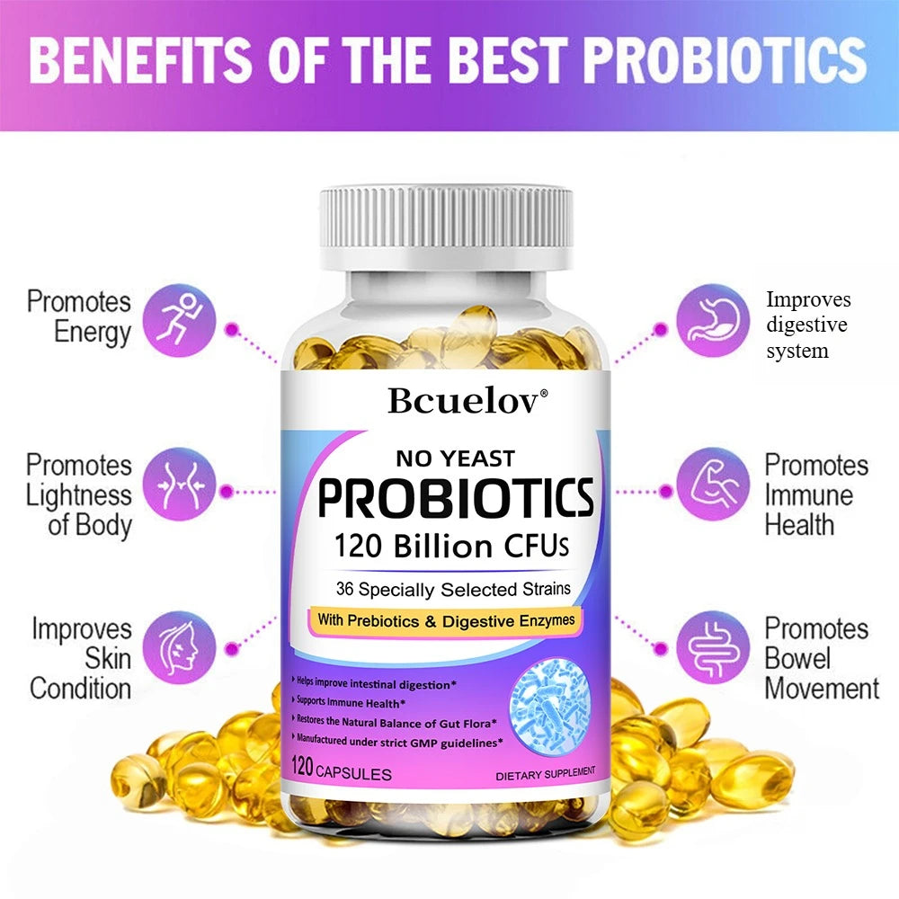 Bcuelov Premium Probiotics with Prebiotics & Digestive Enzymes capsules bottle for gut health support, digestive balance, and daily wellness use.