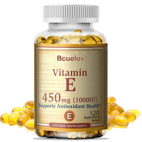 Bcuelov Vitamin E 1000 IU 450mg antioxidant capsules bottle for daily antioxidant support and wellness supplementation.