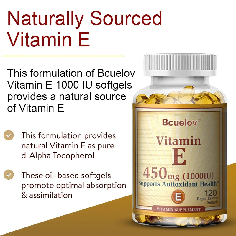 Bcuelov Vitamin E 1000 IU daily antioxidant capsules bottle for daily health support, antioxidant care, and wellness maintenance.