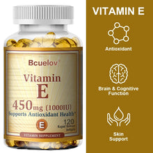 Bcuelov Vitamin E supplement capsules 450mg bottle for antioxidant benefits, nutritional support, and regular supplement use.