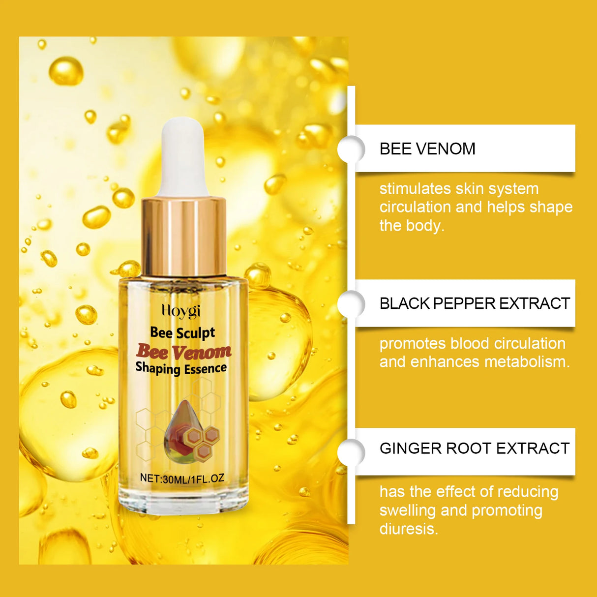 Bee Venom lifting oil bottle for thigh, leg, and body massage to support a firmer looking skin care routine.