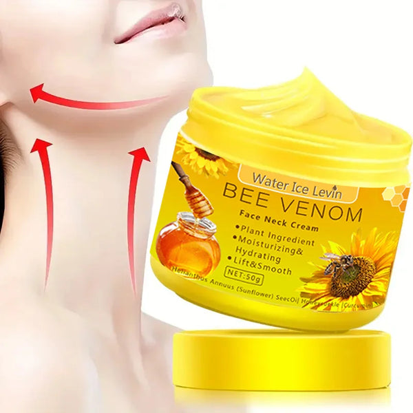 Bee Venom Neck and Face Cream yellow jar with sunflower design on white background for anti-aging skin firming.