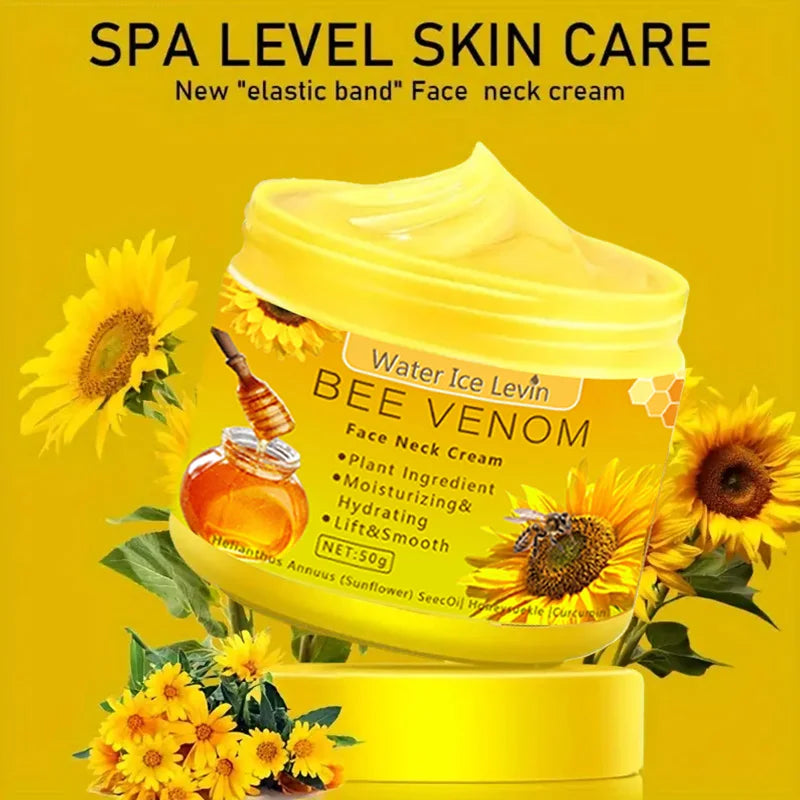 Bee Venom Neck and Face Cream yellow jar surrounded by sunflowers on yellow background.