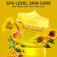 Bee Venom Neck and Face Cream yellow jar surrounded by sunflowers on yellow background.