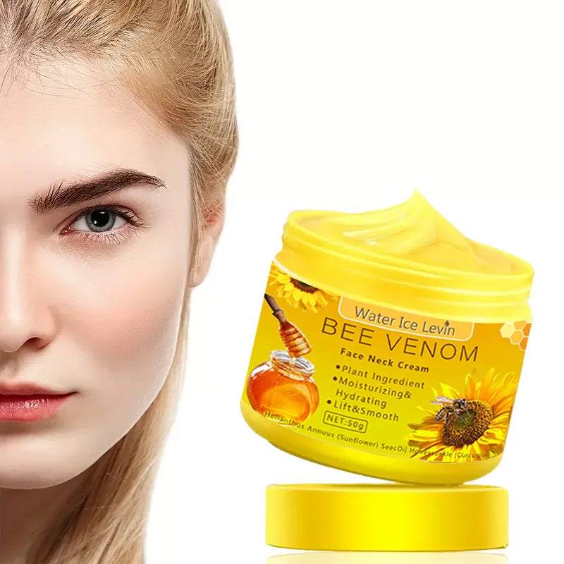 Bee Venom Neck and Face Cream jar with woman's face showing skin firming and anti-aging results on white background.