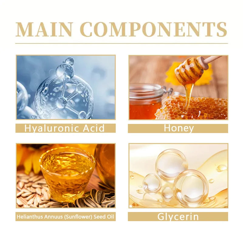 Bee Venom Neck and Face Cream key ingredients display showing bee venom hyaluronic acid collagen and honey.