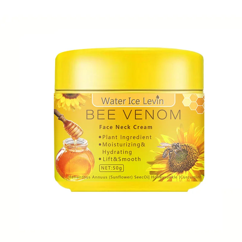 Bee Venom Neck and Face Cream by Water Ice Levin jar with honey and sunflower design on white background.