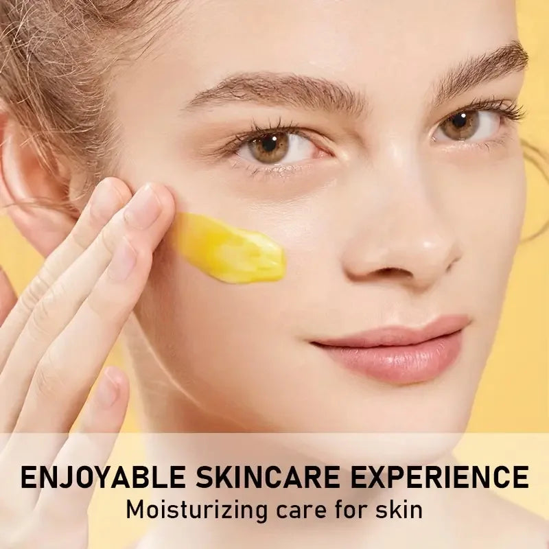 Bee Venom Neck and Face Cream woman applying yellow cream to face for firming and anti-aging treatment.