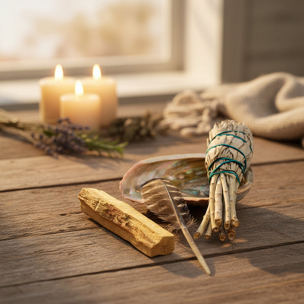 Beginner's Smudging Kit with Palo Santo, sage stick, feather and abalone shell