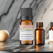 Bergamot essential oil dropper bottle for diffuser use, relaxation, and fresh citrus aromatherapy rituals.
