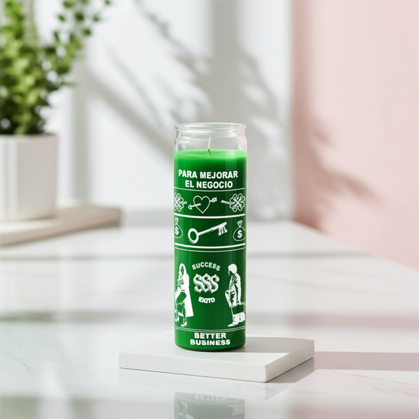 Better Business Green 7 Day Candle glass jar candle for prosperity work, business success, and money-drawing spiritual use.