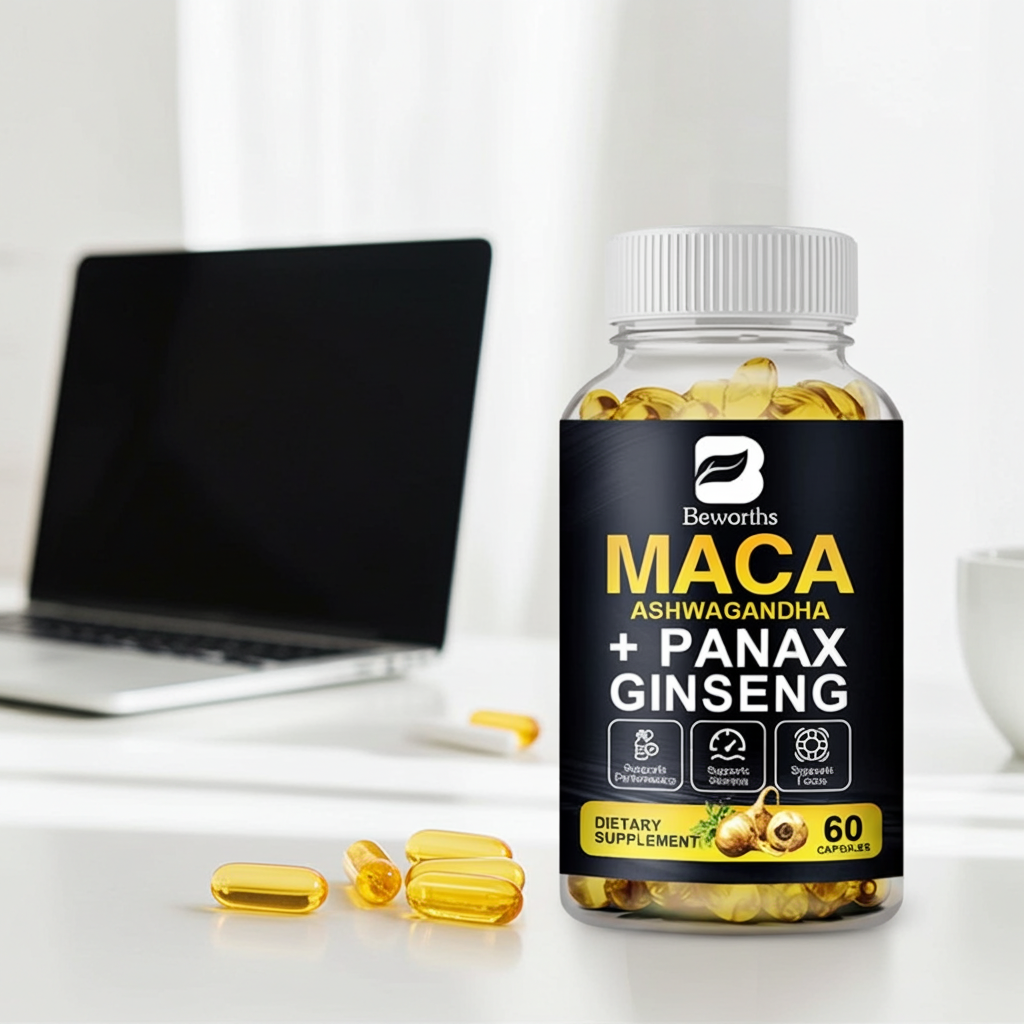 Beworths Maca Root & Ashwagandha dietary capsules bottle for daily balance, stamina support, and wellness routines.