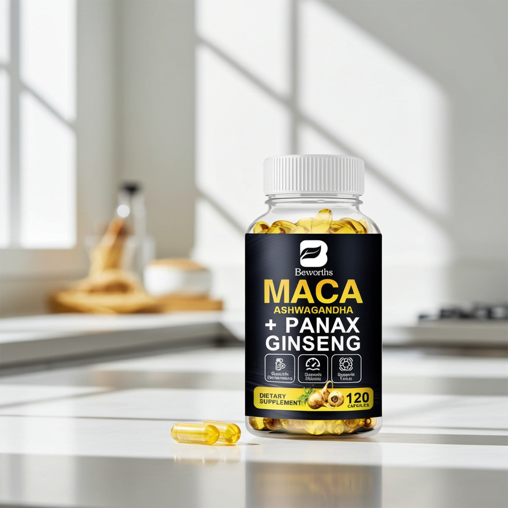 Beworths Maca Root & Ashwagandha herbal capsules bottle for stress support, vitality, and everyday supplement use.