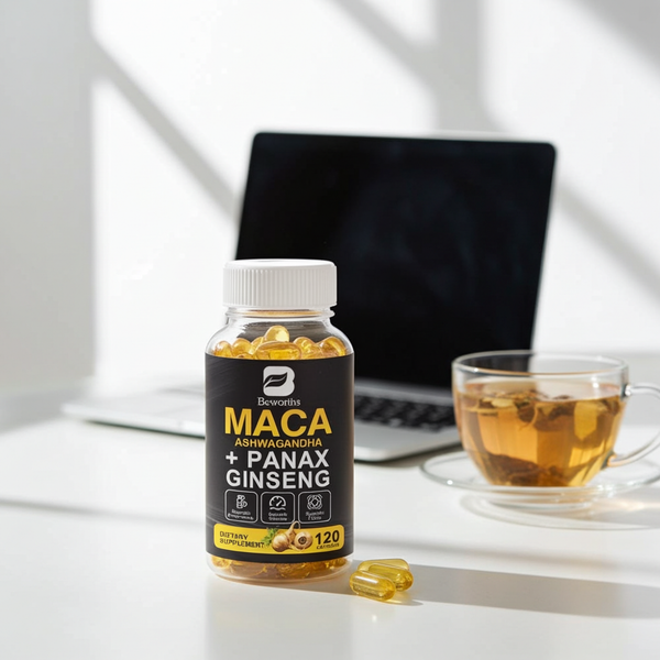 Beworths Maca Root & Ashwagandha Capsules bottle for daily wellness, energy support, and herbal supplement use.