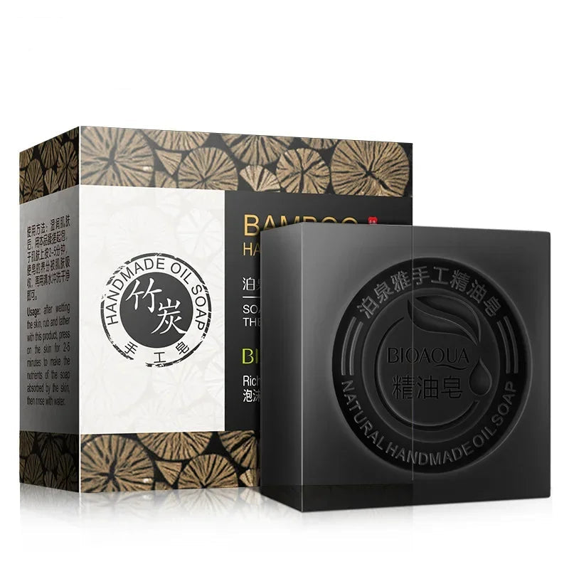 Bioaqua Bamboo Charcoal Handmade Essential Oil Soap packaging for face and body refresh cleansing.