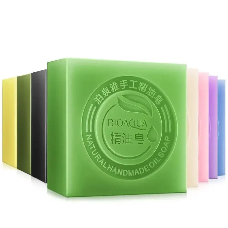 Bioaqua Handmade Essential Oil Soap 9 natural variants on white background for daily cleansing.