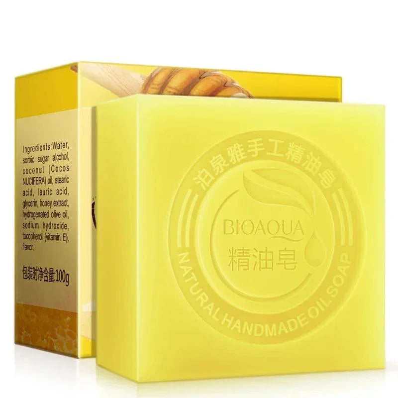 Bioaqua Honey Essential Oil Soap yellow bar with packaging for moisturizing and nourishing skin.