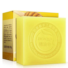 Bioaqua Honey Essential Oil Soap yellow bar with packaging for moisturizing and nourishing skin.