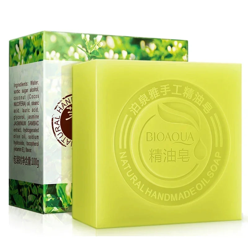 Bioaqua Olive Essential Oil Soap green bar with packaging for nourishing and hydrating daily cleanse.