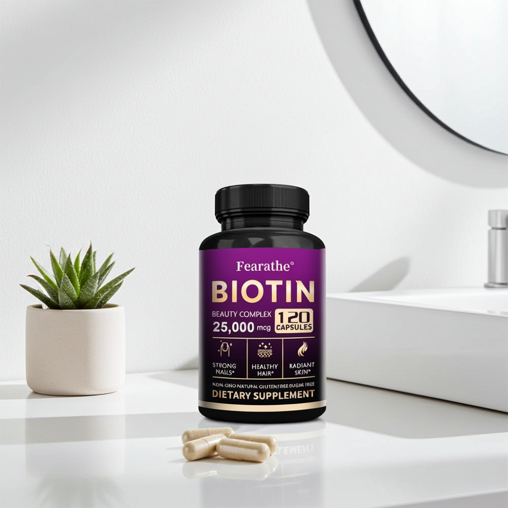 High potency Biotin 25,000 mcg formula bottle for hair, skin, and nails support and daily beauty maintenance.