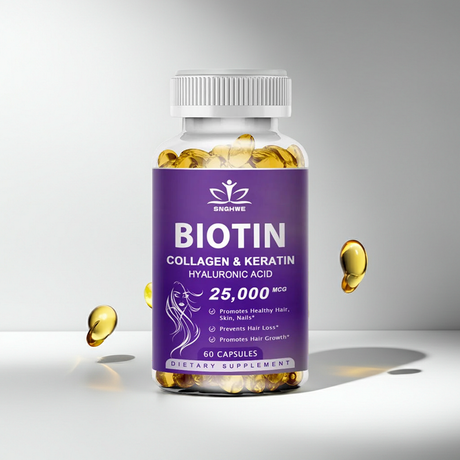 Biotin + Collagen Beauty Capsules bottle for supporting hair, skin, and nails in a daily beauty supplement routine.