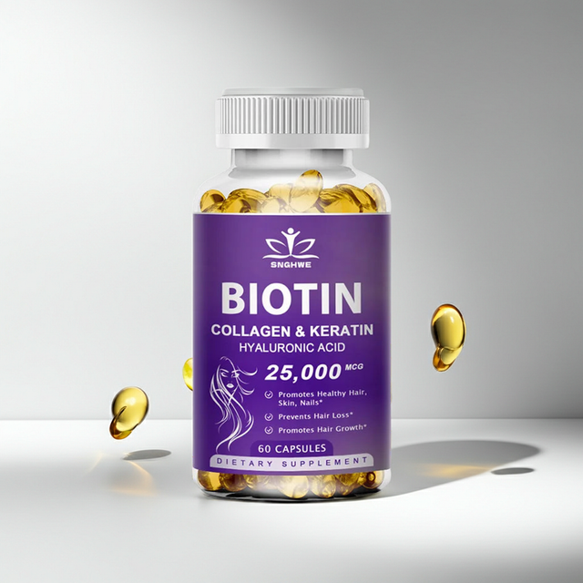 Biotin + Collagen Beauty Capsules bottle for supporting hair, skin, and nails in a daily beauty supplement routine.