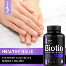 Biotin Collagen Hair, Skin & Nails capsules bottle for beauty supplementation, supporting healthy hair, smoother skin, and stronger nails.