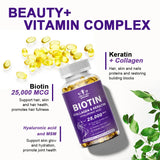 Bottle of Biotin, Collagen, and Keratin supplement with capsules