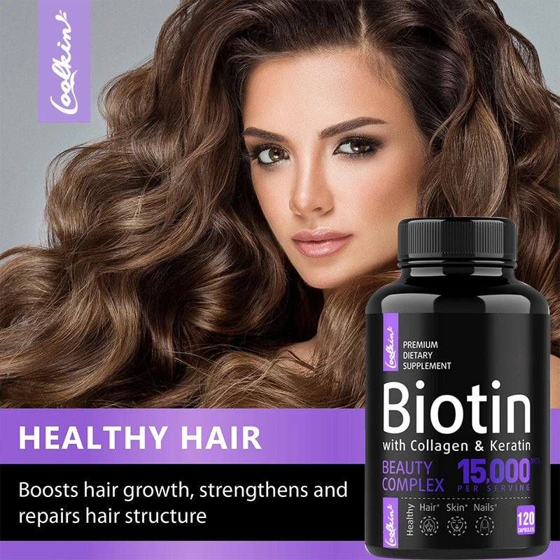 Biotin Collagen Hair, Skin & Nails capsules bottle for daily beauty care, supporting healthy-looking hair, skin wellness, and nail maintenance.