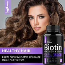 Biotin Collagen Hair, Skin & Nails capsules bottle for daily beauty care, supporting healthy-looking hair, skin wellness, and nail maintenance.