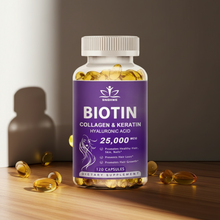 Biotin + Collagen Beauty Capsules supplement bottle for promoting healthy hair, smoother skin, and stronger nails.