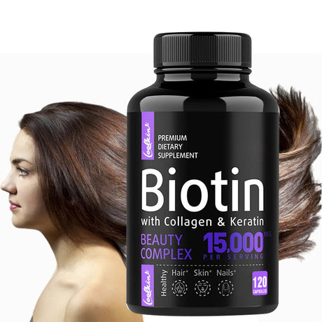 Biotin Collagen Hair, Skin & Nails capsules bottle for daily beauty support, helping nourish hair, support skin care, and strengthen nails.