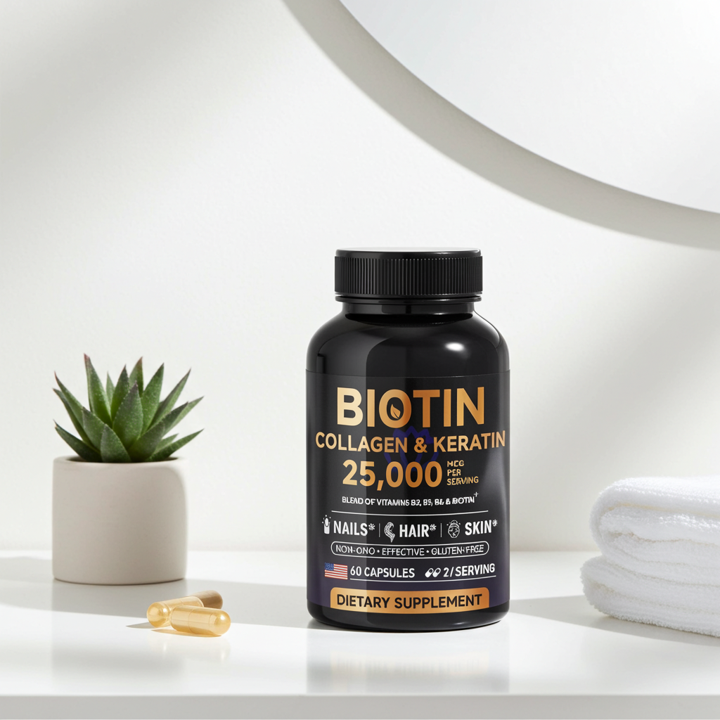 Biotin Collagen & Keratin capsules supplement for supporting hair strength, skin care, and nail health.