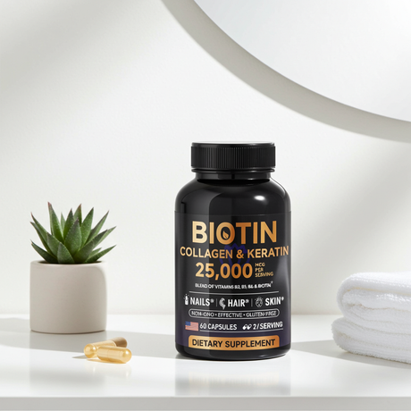 Biotin Collagen & Keratin capsules supplement for supporting hair strength, skin care, and nail health.