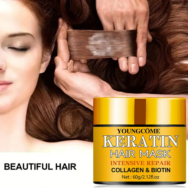Biotin Collagen Keratin Hair Repair Mask jar with lifestyle image showing healthy hair results from conditioning treatment.
