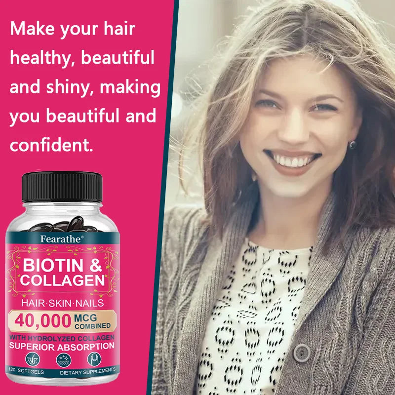 Biotin Collagen Hair, Skin & Nails Support Capsules supplement for hair care, skin nourishment, and nail strength.