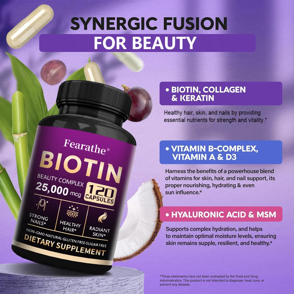 Biotin 25,000 mcg Hair, Skin & Nails Support capsules bottle showing supplement label with ingredients and dosage information.