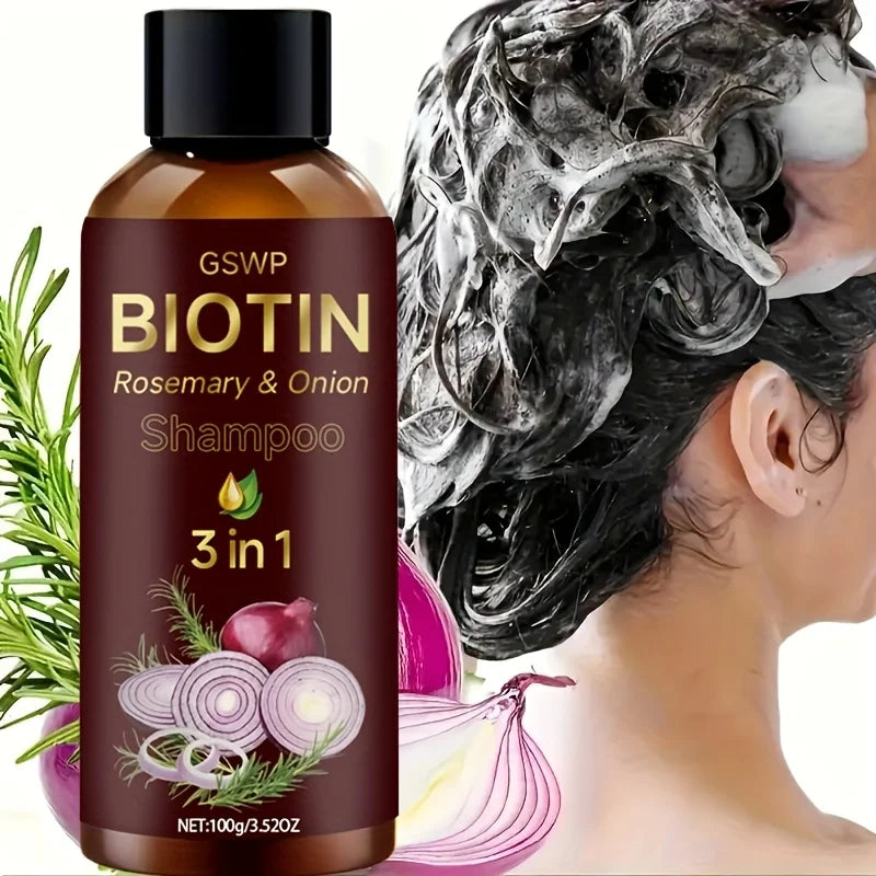 GSWP Biotin Rosemary Onion 3-in-1 shampoo for washing oily hair, reducing excess grease, and keeping hair light and clean.