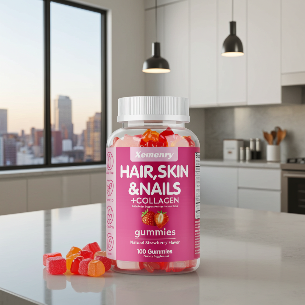 Biotin vitamin gummies bottle for beauty support, healthy skin routine, and stronger nails.