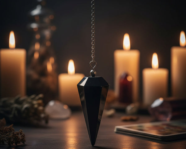 Black agate 6-sided faceted pendulum on a 9-inch silver-finish chain for dowsing