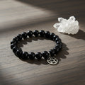 Black Agate elastic bracelet with Pentacle charm, 8mm round beads
