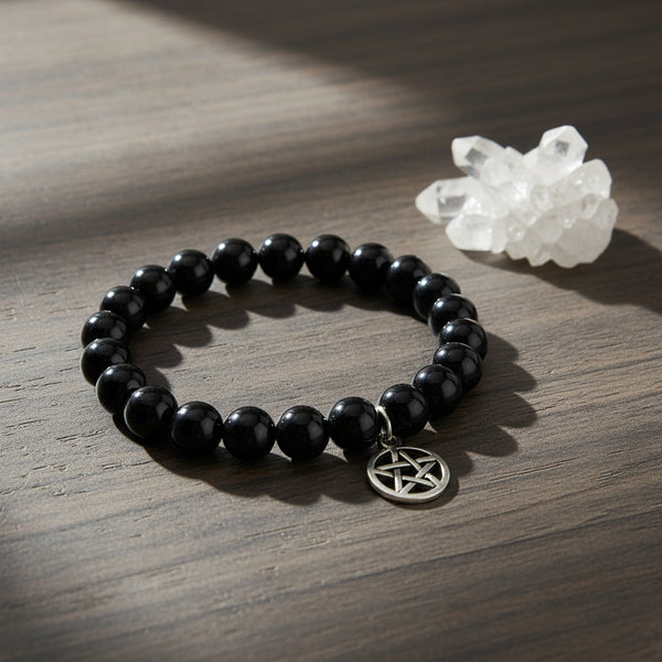 Black Agate elastic bracelet with Pentacle charm, 8mm round beads