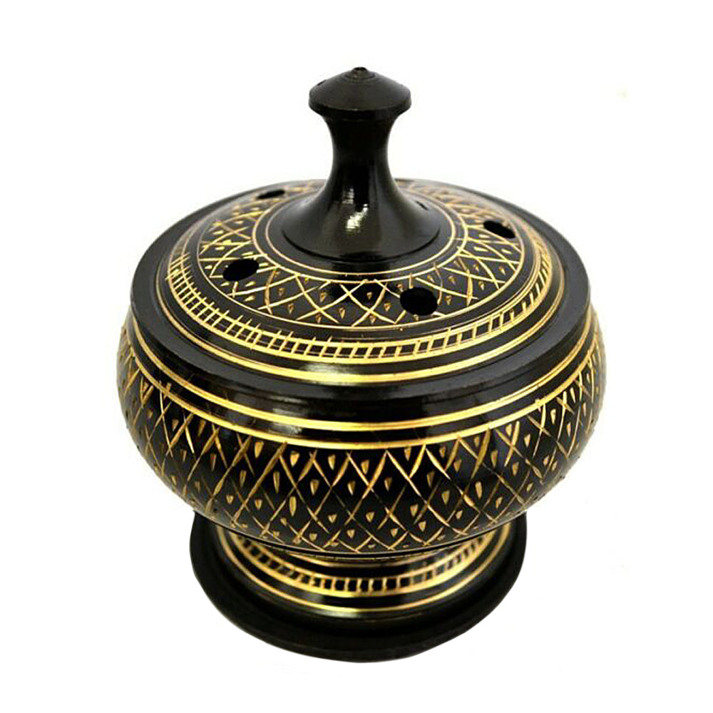 Black Carved Brass Burner with wooden coaster and lid