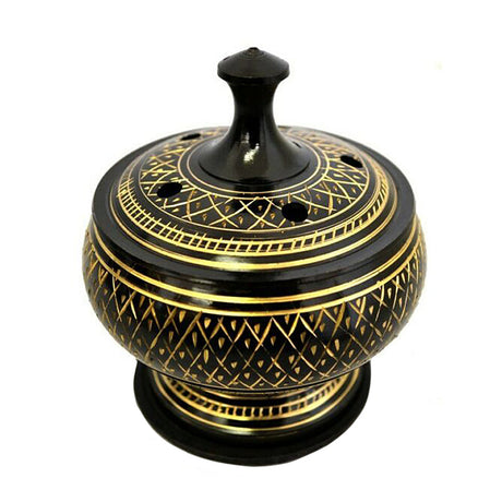 Black Carved Brass Burner with wooden coaster and lid