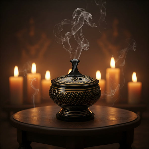 Black Carved Brass Burner with wooden coaster and lid