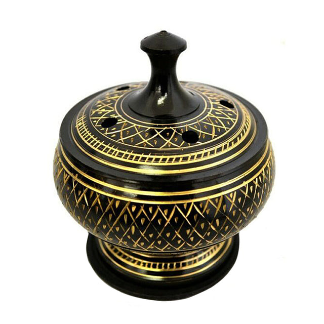 Black Carved Brass Burner with wooden coaster and lid
