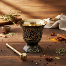 Black Carved Brass Mortar and Pestle, detail view