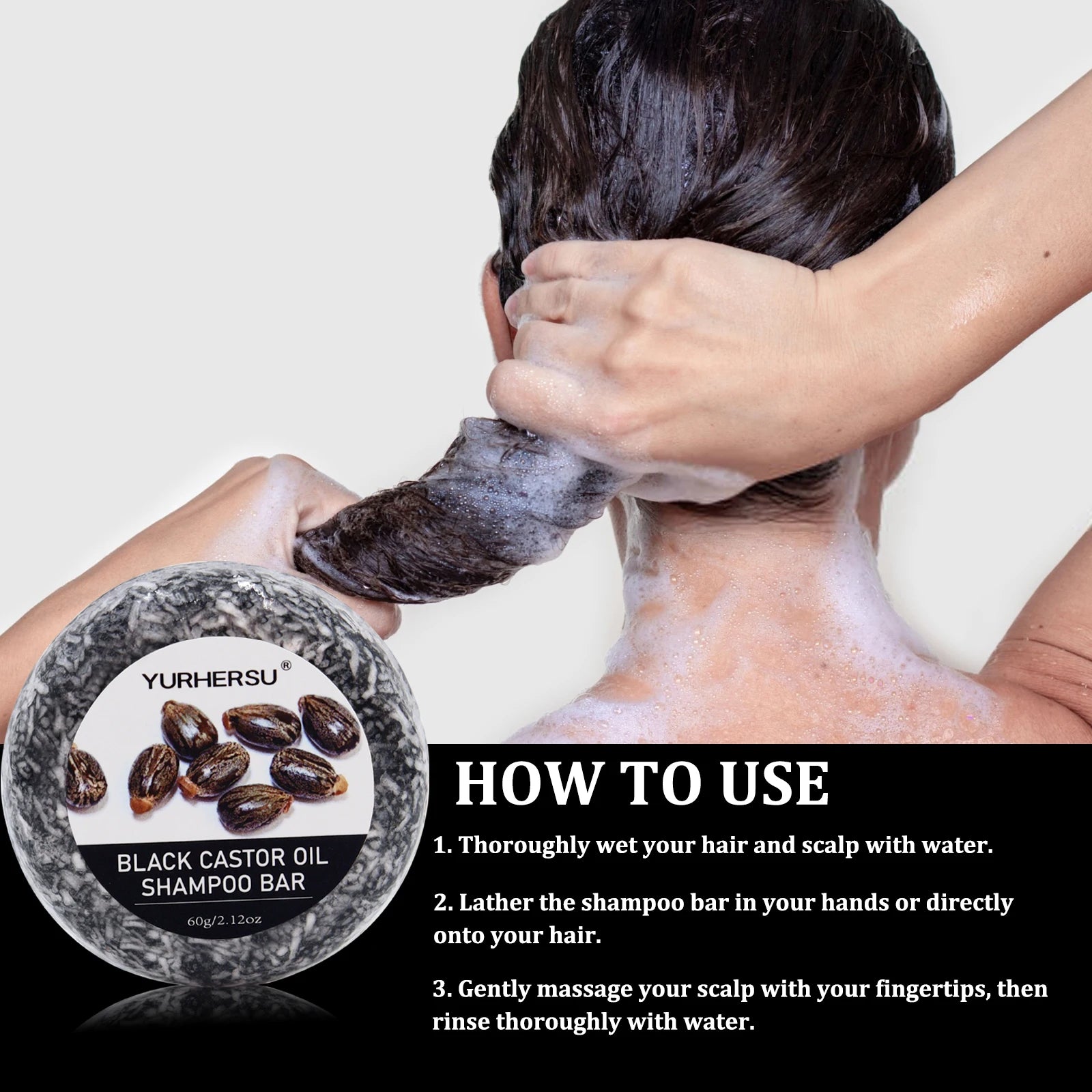 Black Castor Oil scalp care shampoo bar for cleansing buildup, washing hair, and supporting scalp care.