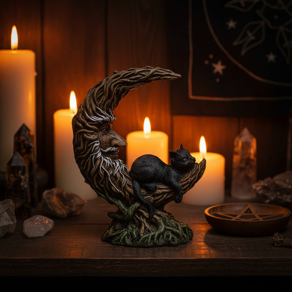 Black Cat on Moon Figurine, cold cast resin sculpture